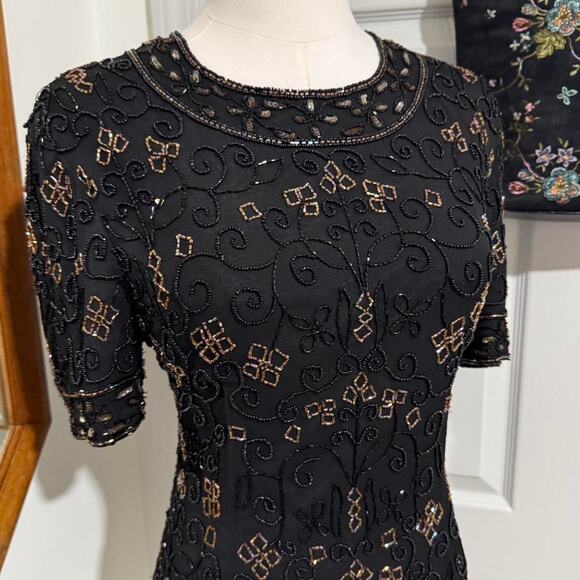 VTG 90s Mes Ami Black Silk & Shifty Gold Floral Floral Whimsy Beaded Sequin Top - Picture 2 of 8